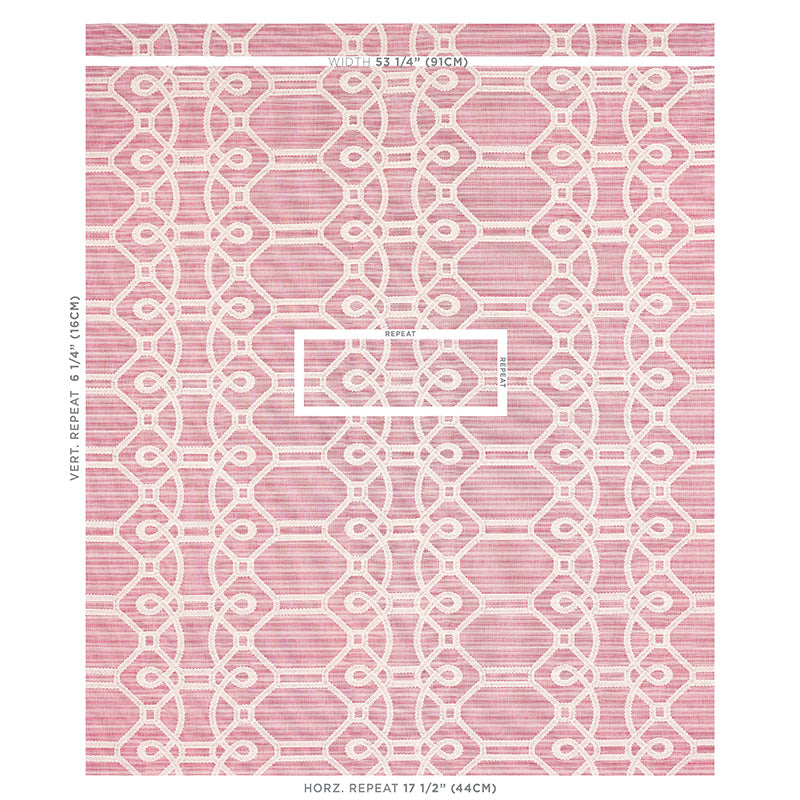 Pink fabric swatch with white interlocking loop-and-ring lattice pattern; repeating geometric design.