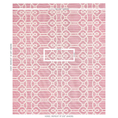 Pink fabric swatch with white interlocking loop-and-ring lattice pattern; repeating geometric design.