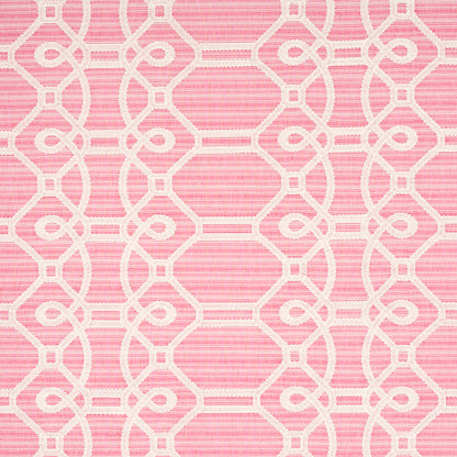 Pink fabric with white embroidery forming an interlocking lattice pattern; decorative textile for upholstery or drapery.