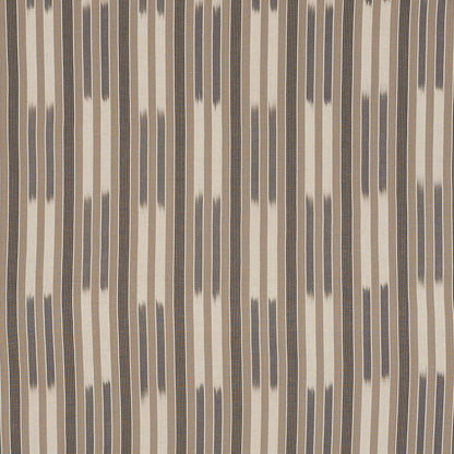 Ikat-inspired striped fabric with beige cream base and vertical navy brush-stroke stripes; versatile upholstery textile.