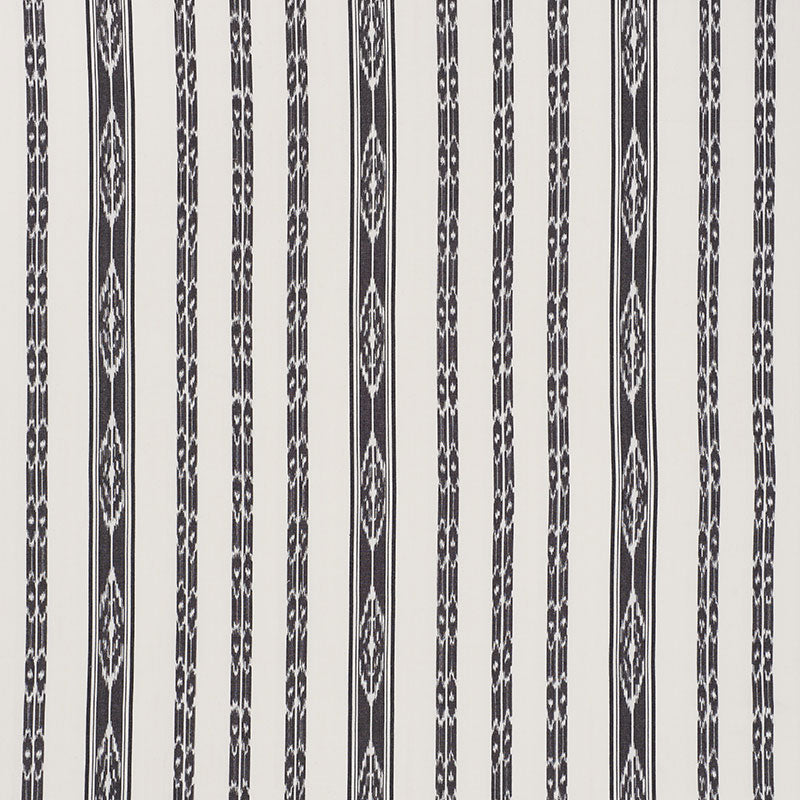 Black and ivory vertical striped fabric pattern with diamond motifs; geometric weave suitable for upholstery or curtains.