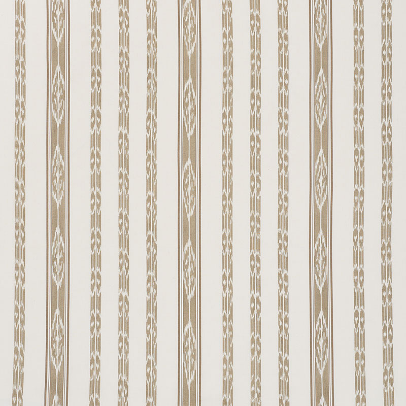 Beige and ivory striped wallpaper with slender ornate vertical motifs in a repeating pattern.