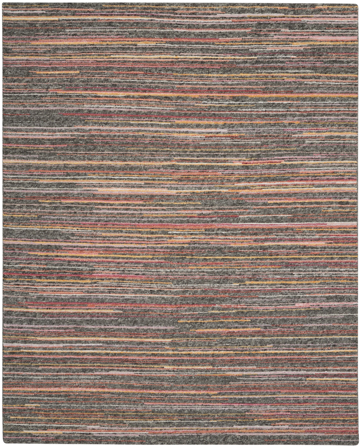Rectangular area rug with a grey base and narrow multicolor stripes in orange, pink, beige and white; modern textured weave.