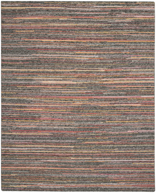 Rectangular area rug with a grey base and narrow multicolor stripes in orange, pink, beige and white; modern textured weave.