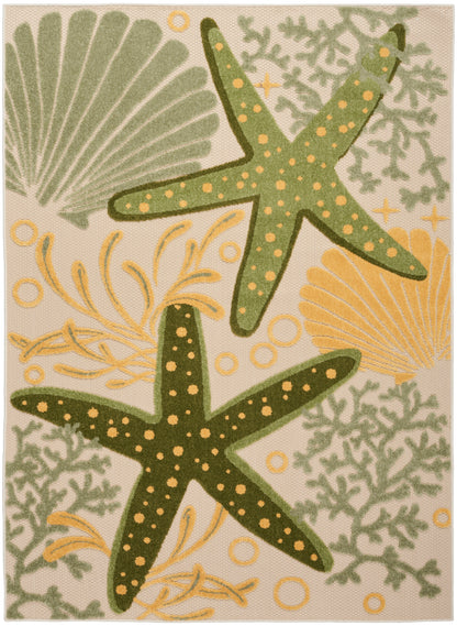Beige coastal outdoor rug featuring two green dotted starfish with yellow accents, plus yellow coral and green seaweed patterns.