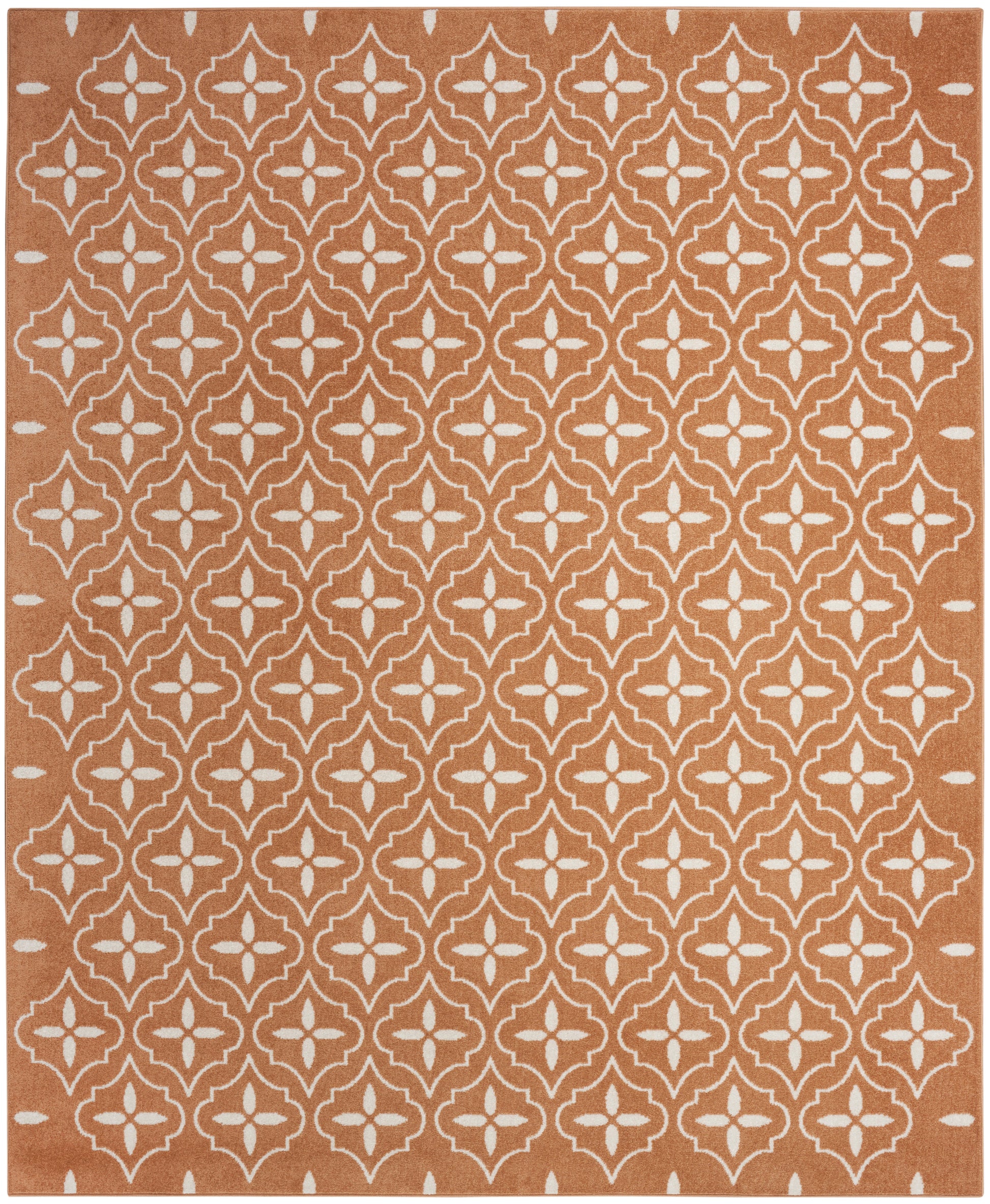 Terracotta rug with white geometric lattice pattern; rectangular, mid-pile, Moroccan-inspired design.