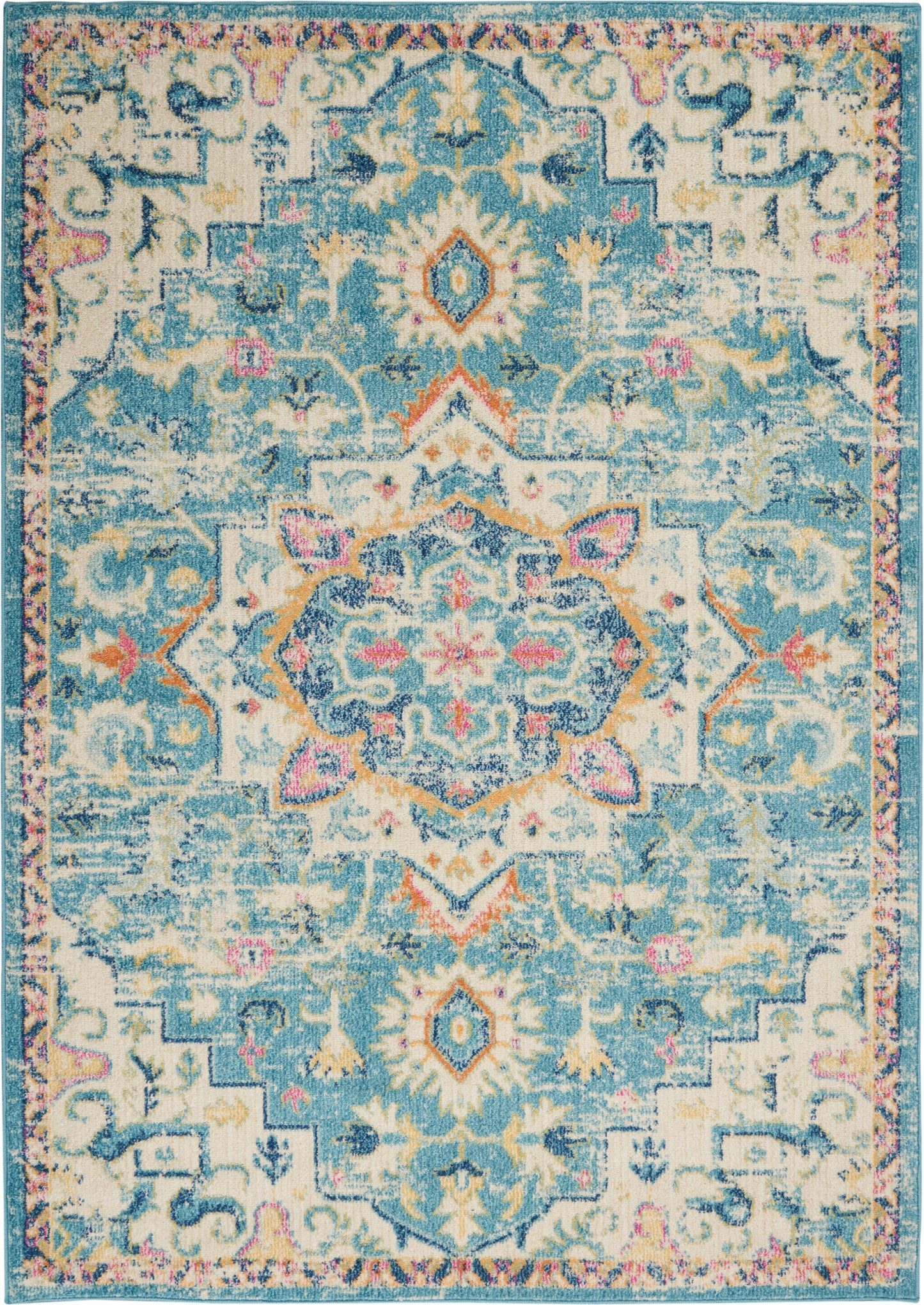 Blue and ivory distressed oriental rug with central medallion, pink accents, decorative border for living room.