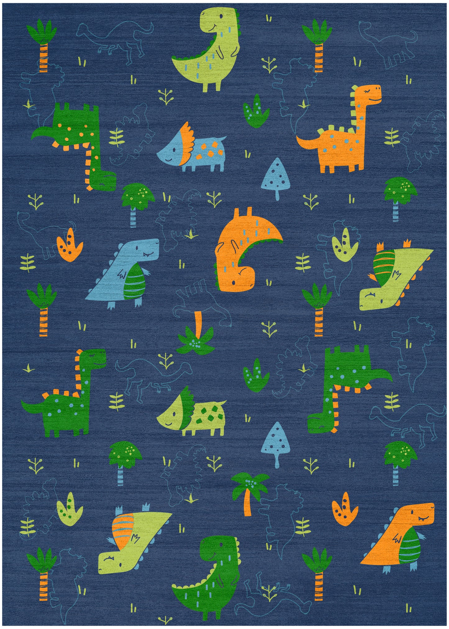Rectangular kids' rug with dark blue background and bright cartoon dinosaurs, palm trees, and plants; playful nursery decor.