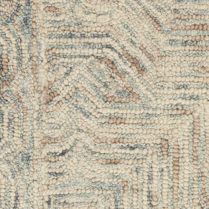 Cream, taupe, and gray-blue geometric shag rug runner with plush loop texture; modern, cozy floor decor.