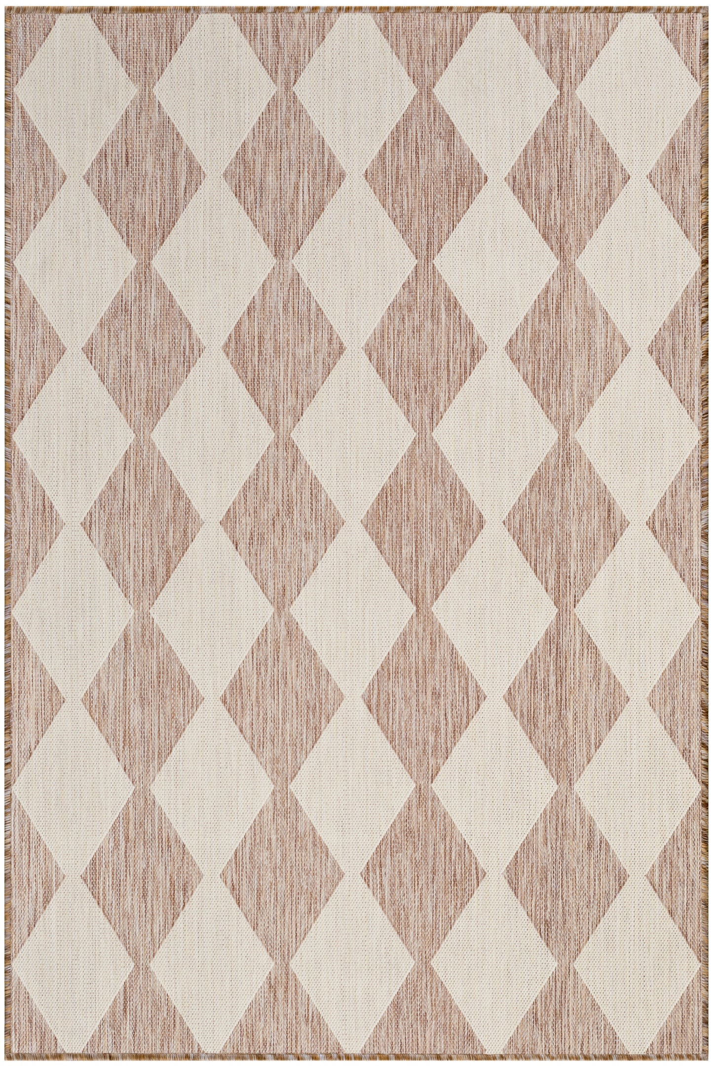 Beige and taupe diamond-pattern woven rug with textured border and fringe; neutral geometric floor covering.