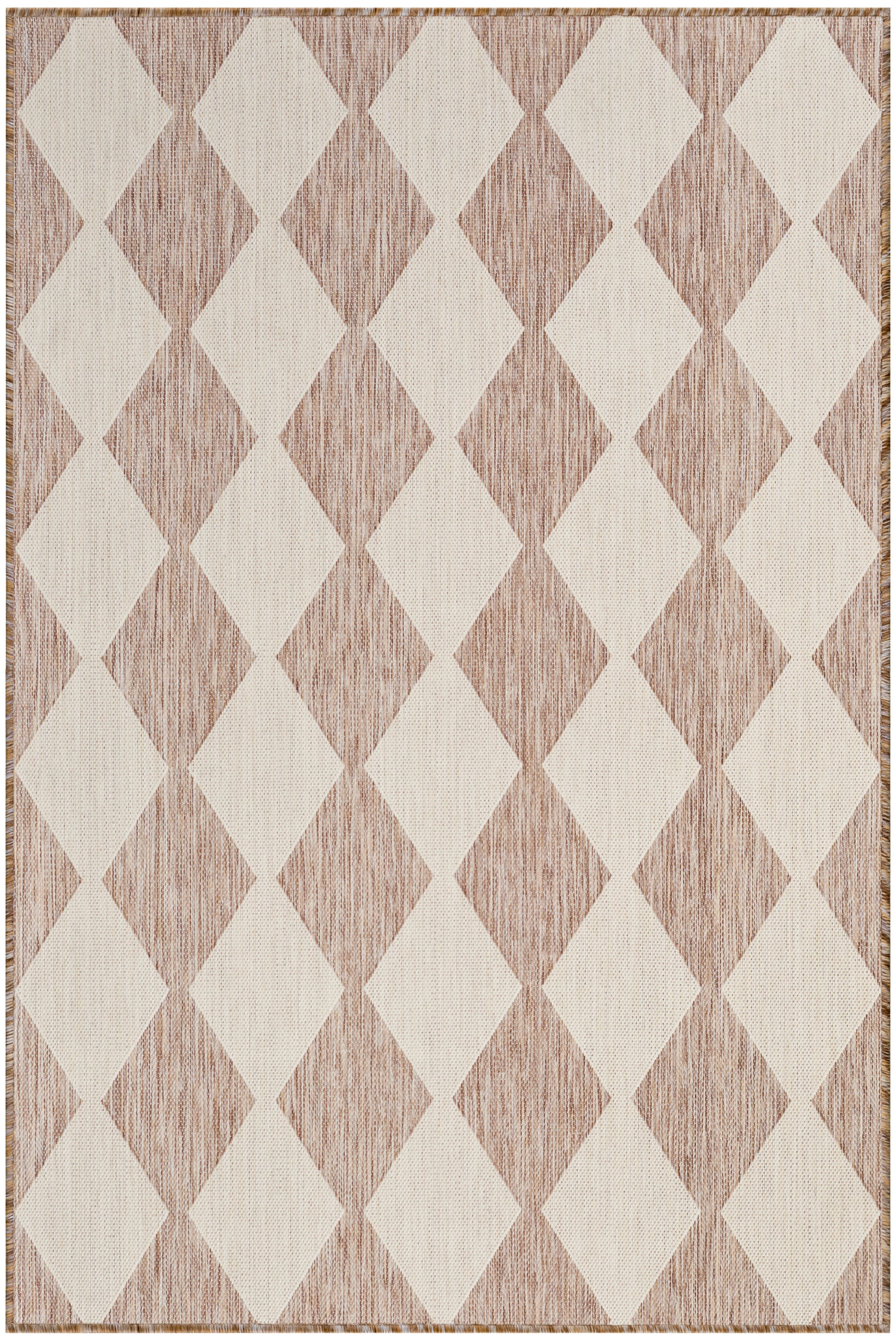 Beige and taupe diamond-pattern woven rug with textured border and fringe; neutral geometric floor covering.
