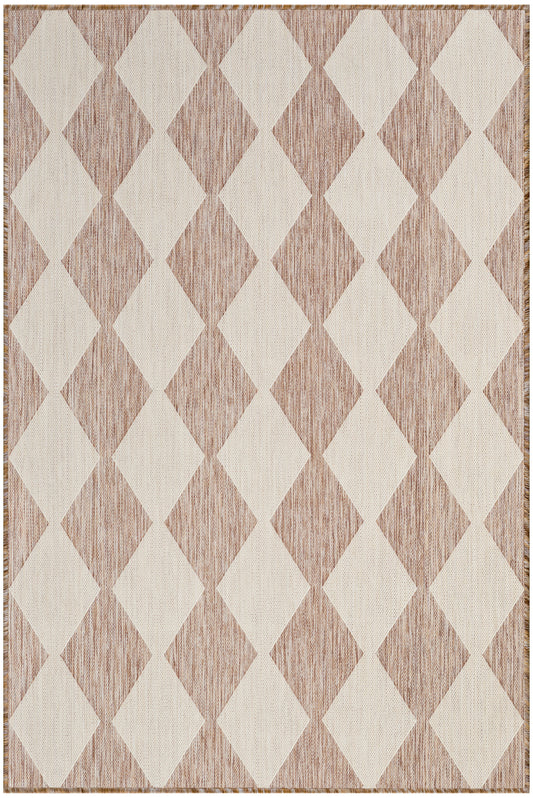 Beige and taupe diamond-pattern woven rug with textured border and fringe; neutral geometric floor covering.