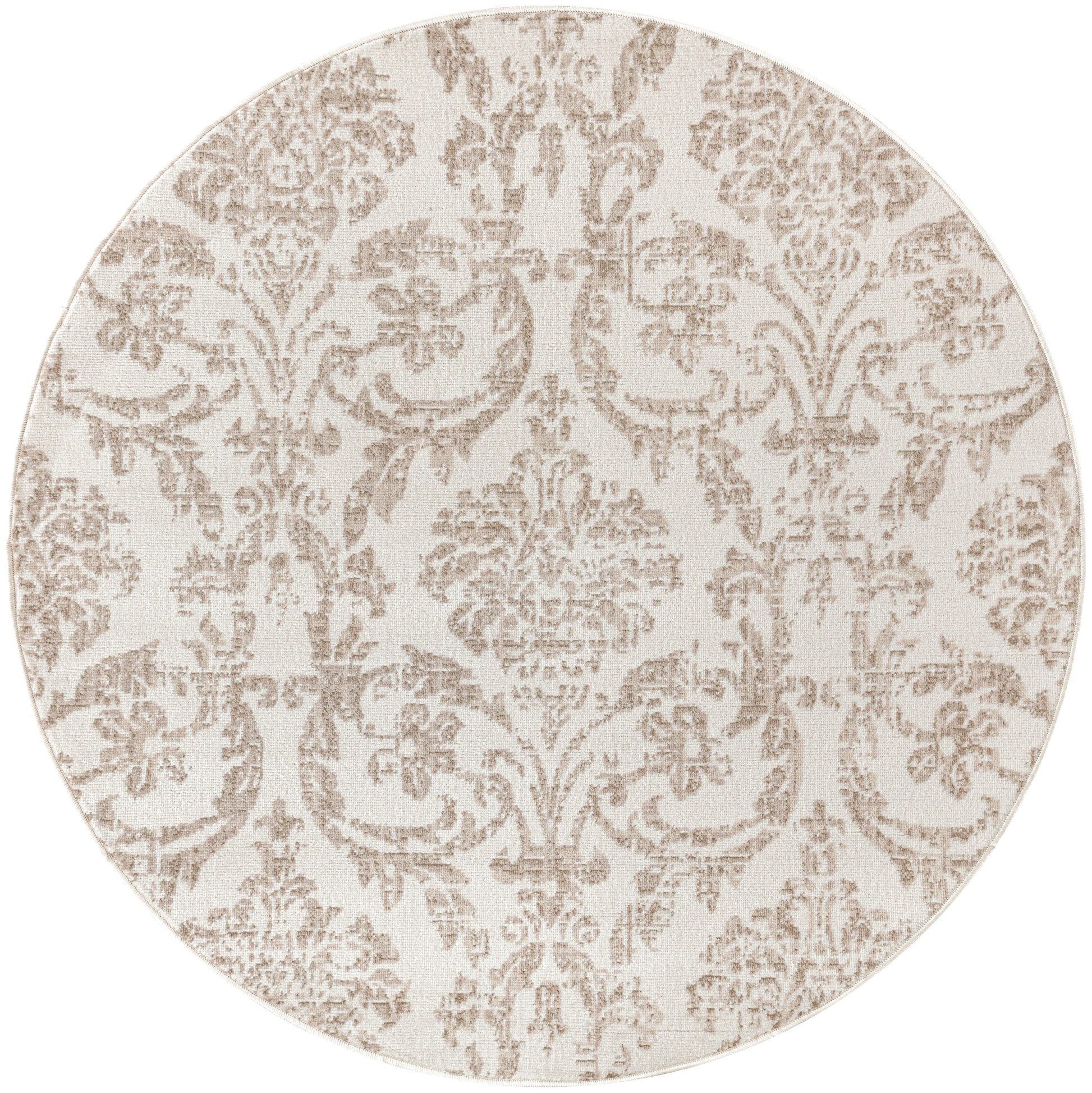 Round beige rug with taupe damask floral pattern and textured weave.