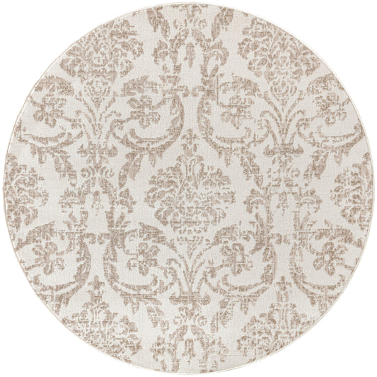 Round beige rug with taupe damask floral pattern and textured weave.