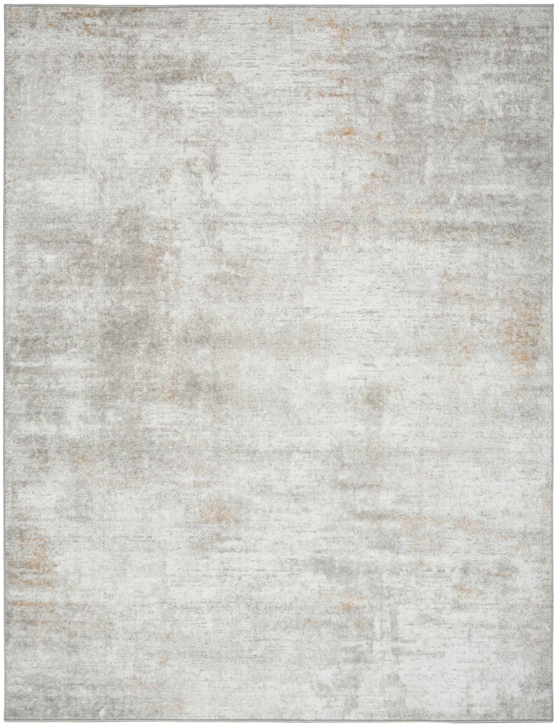 Rectangular rug with muted gray and ivory tones and subtle beige texture; modern abstract style.