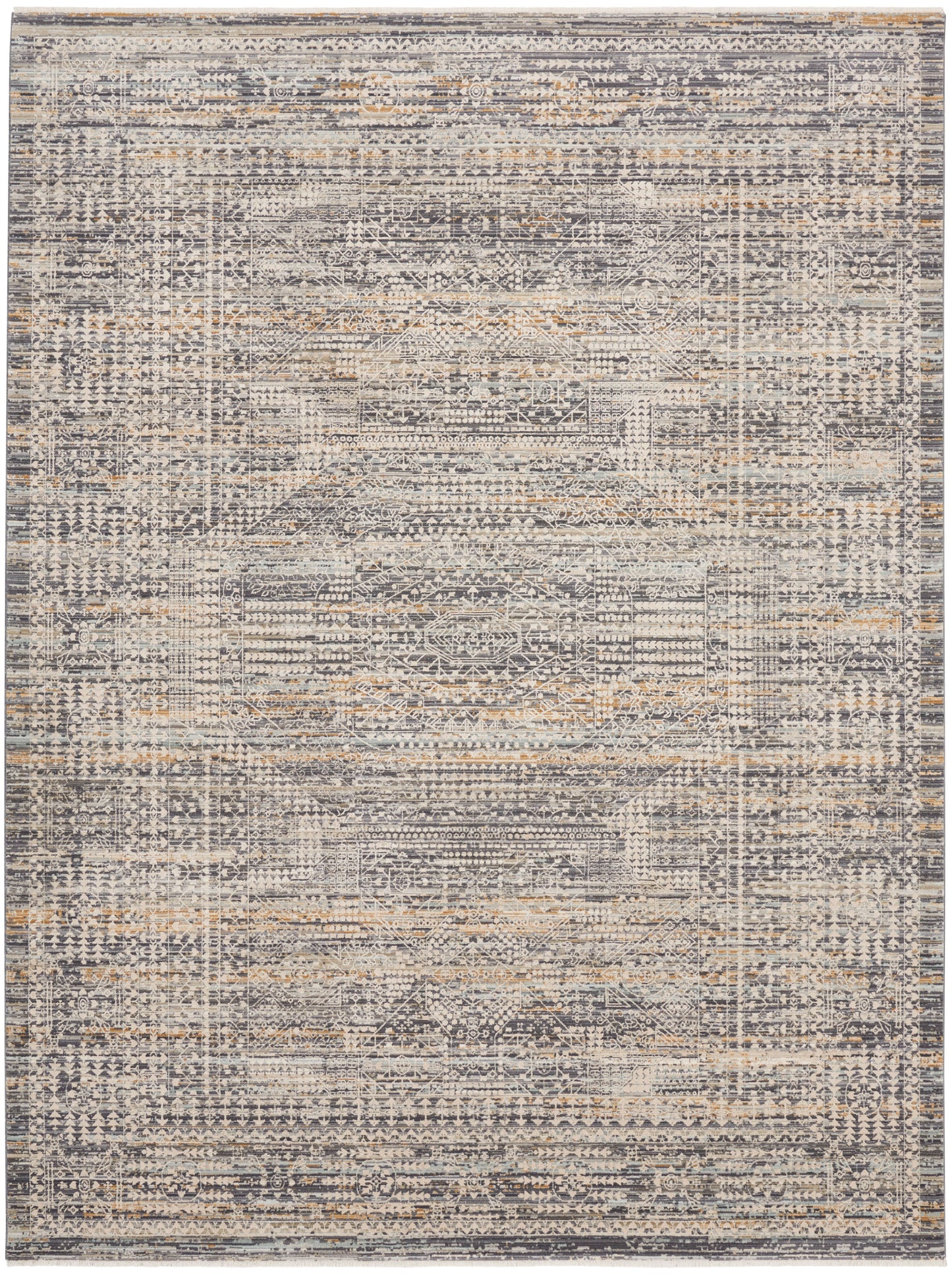Distressed grey-blue rug with beige accents; intricate geometric medallions and bordered edges.