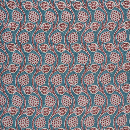 Turquoise fabric with red floral teardrop motifs and curved stems in a repeating paisley pattern.