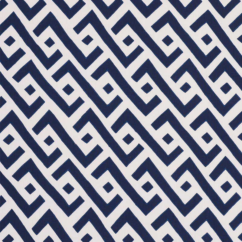 Navy blue Greek key meander pattern on white, diagonal repeating geometric print for textiles or wallpaper.