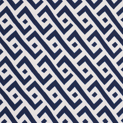 Navy blue Greek key meander pattern on white, diagonal repeating geometric print for textiles or wallpaper.