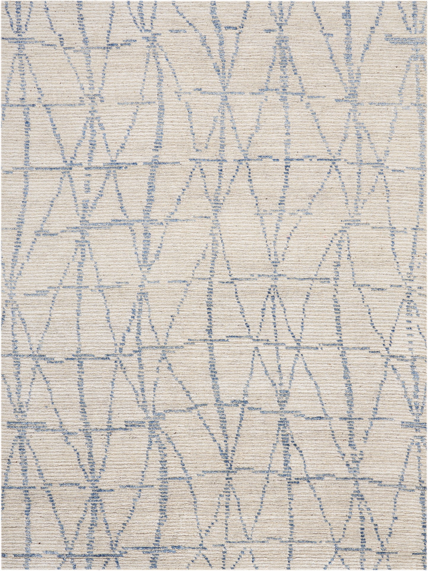 Cream woven fabric with light blue geometric lattice of diamonds and triangles; textured upholstery.