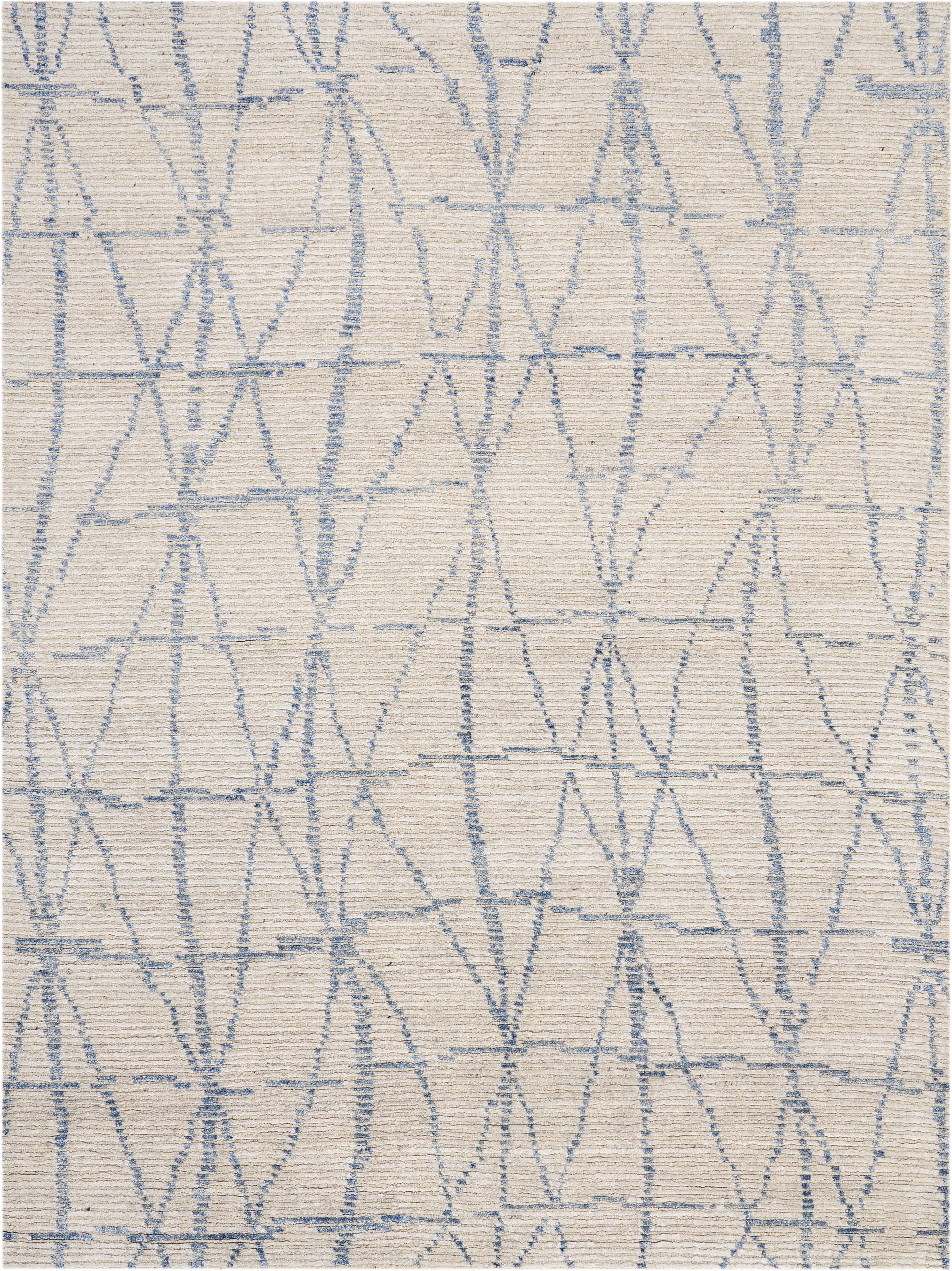 Cream woven fabric with light blue geometric lattice of diamonds and triangles; textured upholstery.