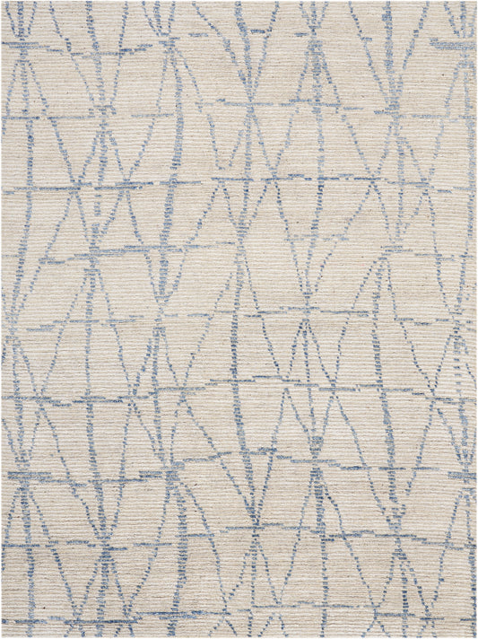 Cream woven fabric with light blue geometric lattice of diamonds and triangles; textured upholstery.