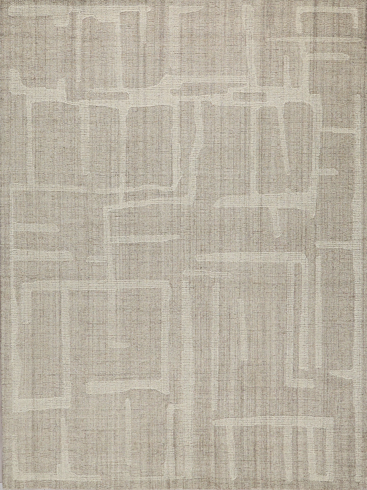 Beige & taupe abstract geometric rug with rectangular blocks; woven texture, contemporary style for living spaces.