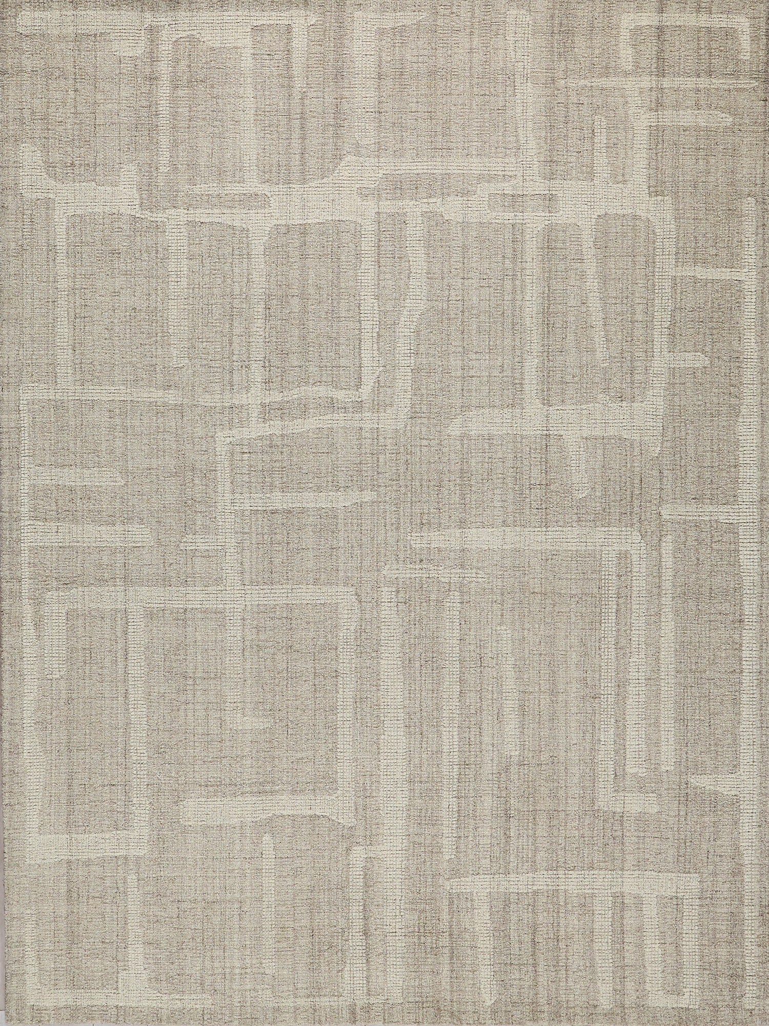 Beige & taupe abstract geometric rug with rectangular blocks; woven texture, contemporary style for living spaces.