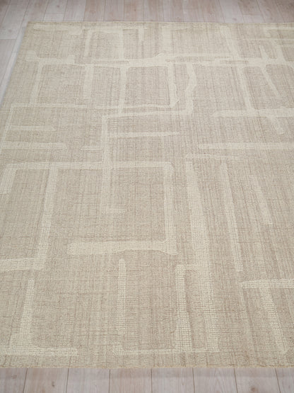 Beige rectangular area rug with a subtle geometric block pattern in lighter and darker beige, woven texture.