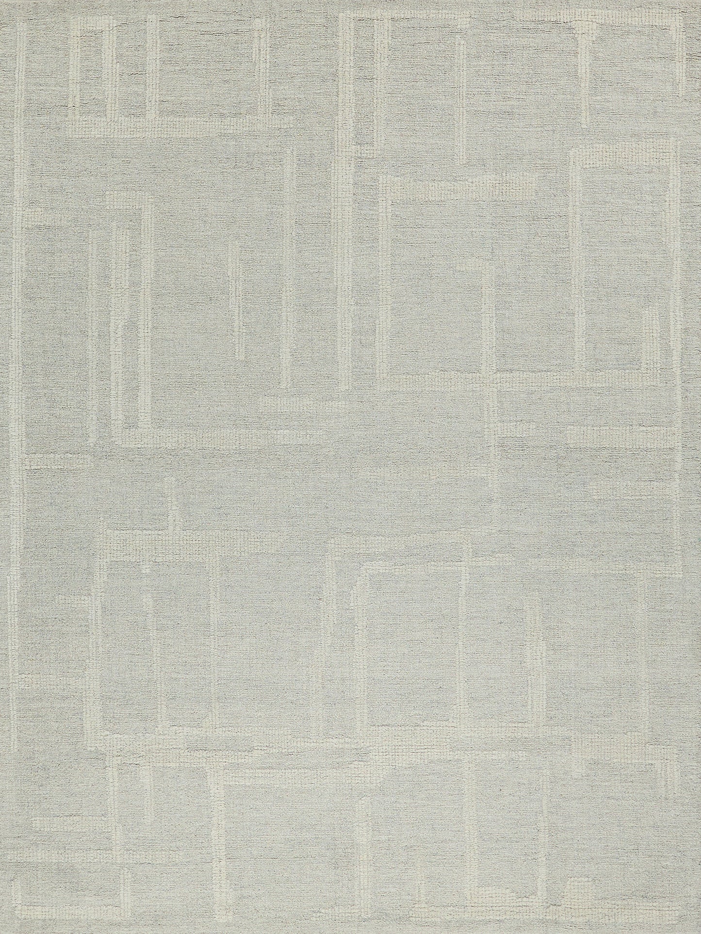 Neutral gray geometric rug with overlapping rectangles and textured weave; 4' x 6' indoor hand-tufted rug, modern versatile decor.