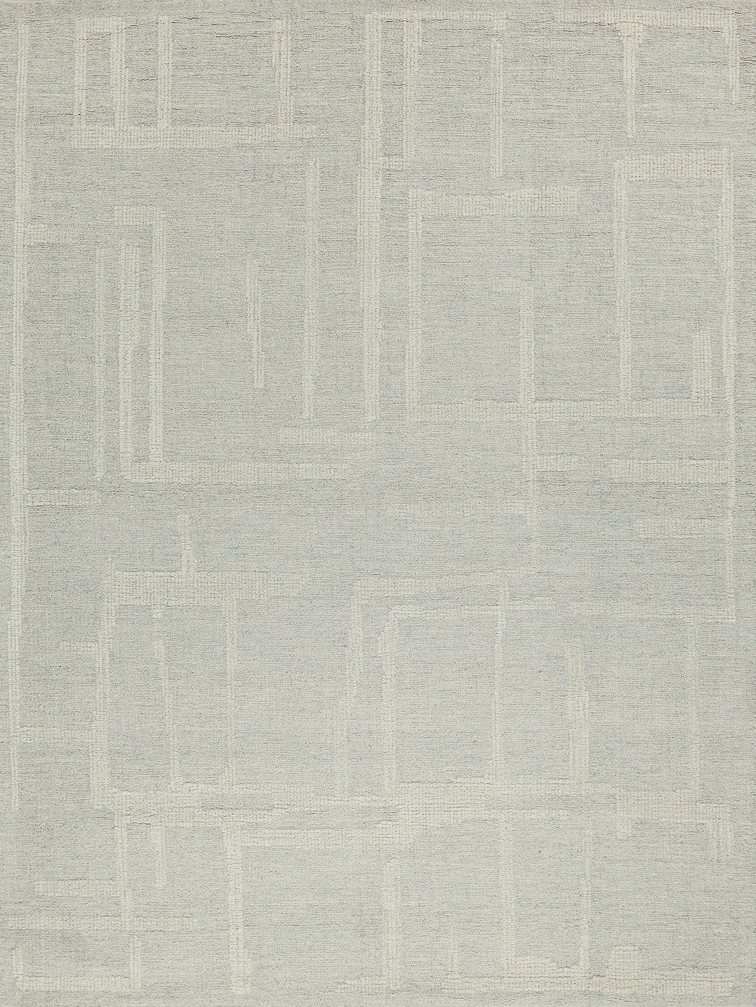 Neutral gray geometric rug with overlapping rectangles and textured weave; 4' x 6' indoor hand-tufted rug, modern versatile decor.