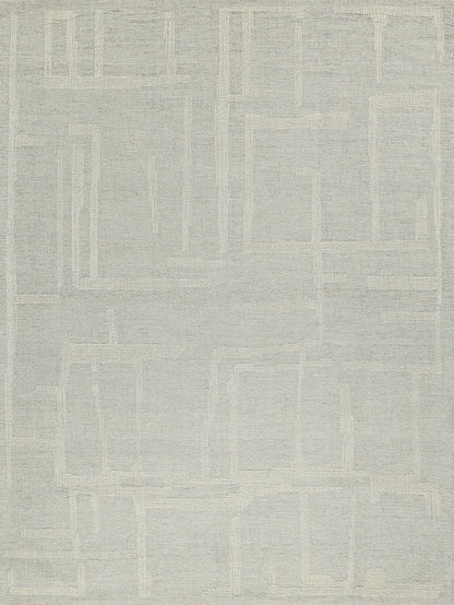 Light gray geometric area rug featuring pale beige rectangular outlines in a modern abstract pattern.