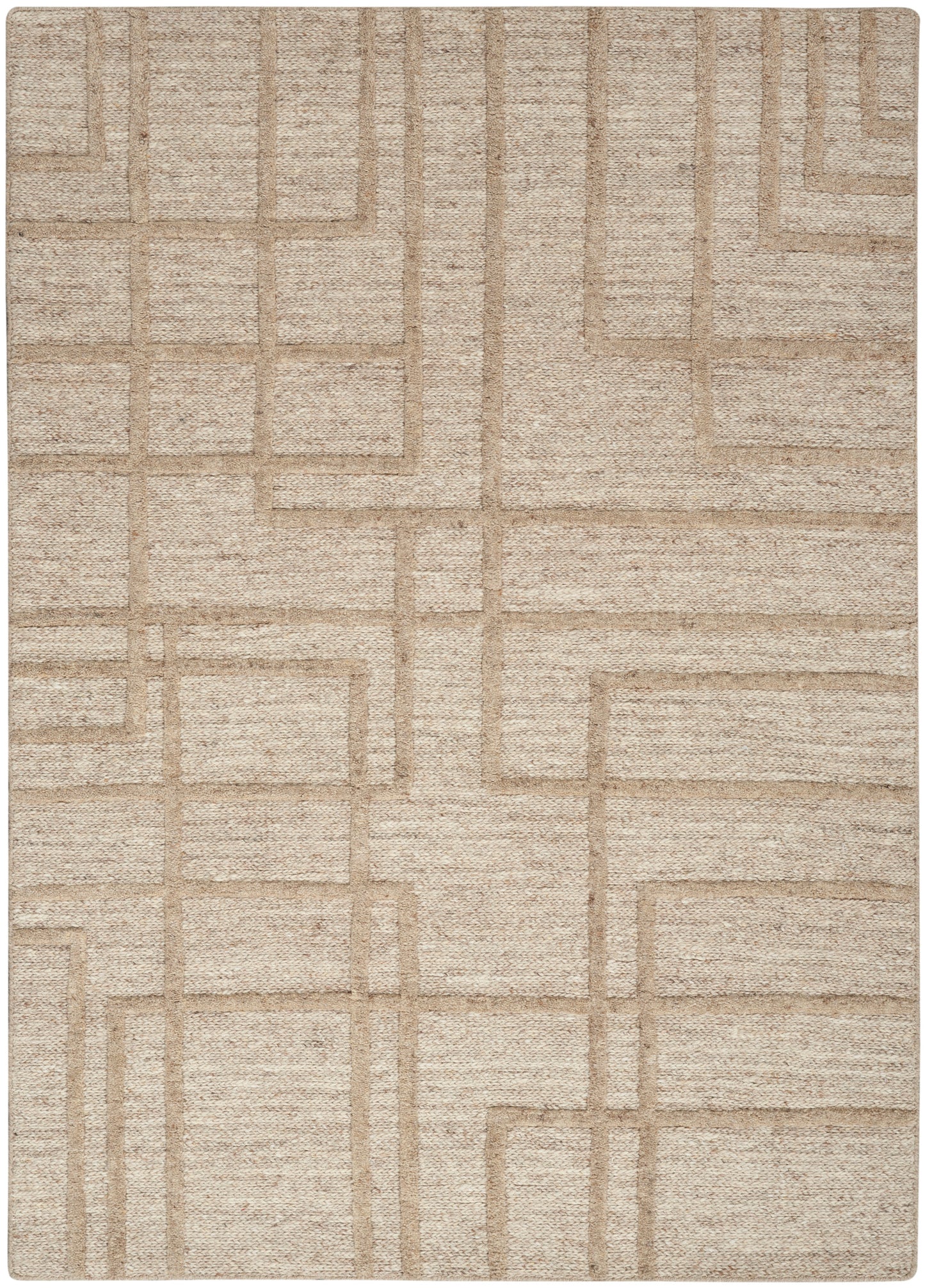 Beige area rug with tan geometric interlocking rectangle lines; textured, low-pile.
