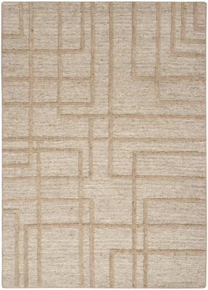 Beige area rug with tan geometric interlocking rectangle lines; textured, low-pile.