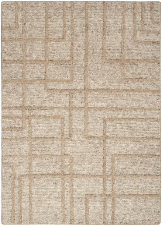 Beige area rug with tan geometric interlocking rectangle lines; textured, low-pile.