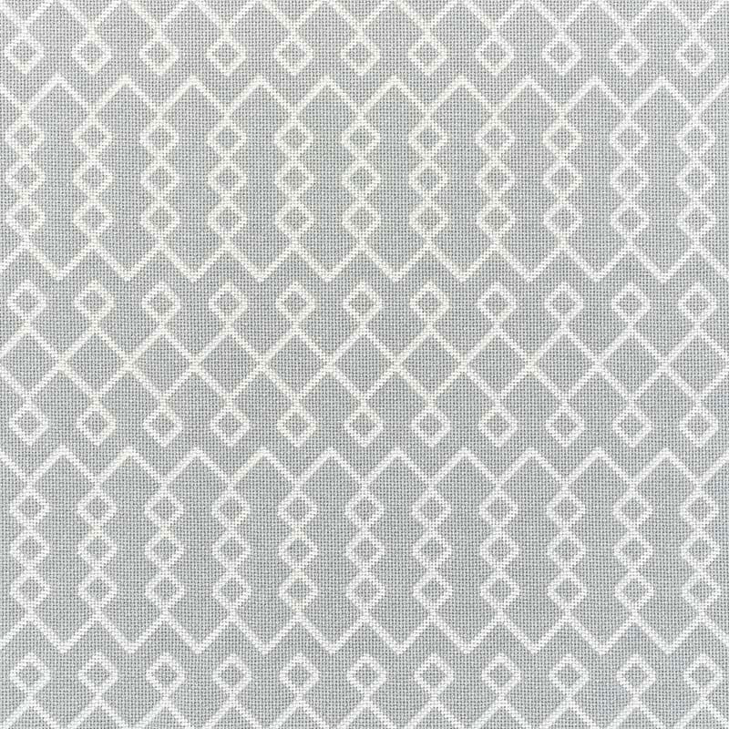Gray fabric with a white interlocking diamond lattice pattern; geometric weave, suitable for upholstery or drapery.