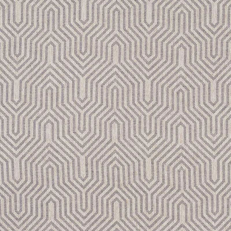 Grey and beige geometric chevron maze pattern fabric with repeating angular lines.