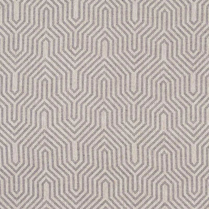 Grey and beige geometric chevron maze pattern fabric with repeating angular lines.