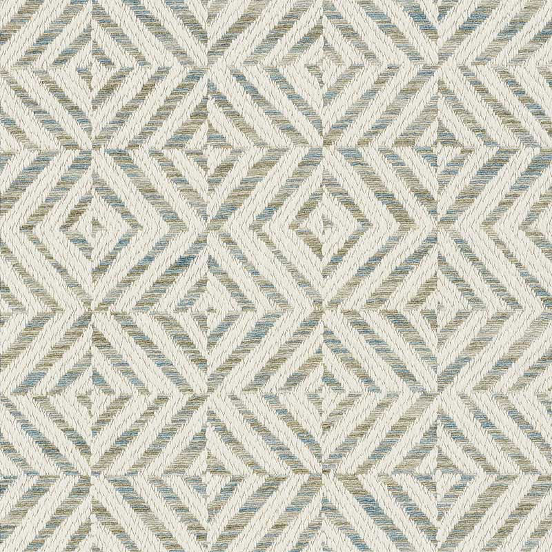 Cream and pale blue geometric diamond pattern rug with woven rope-like texture.