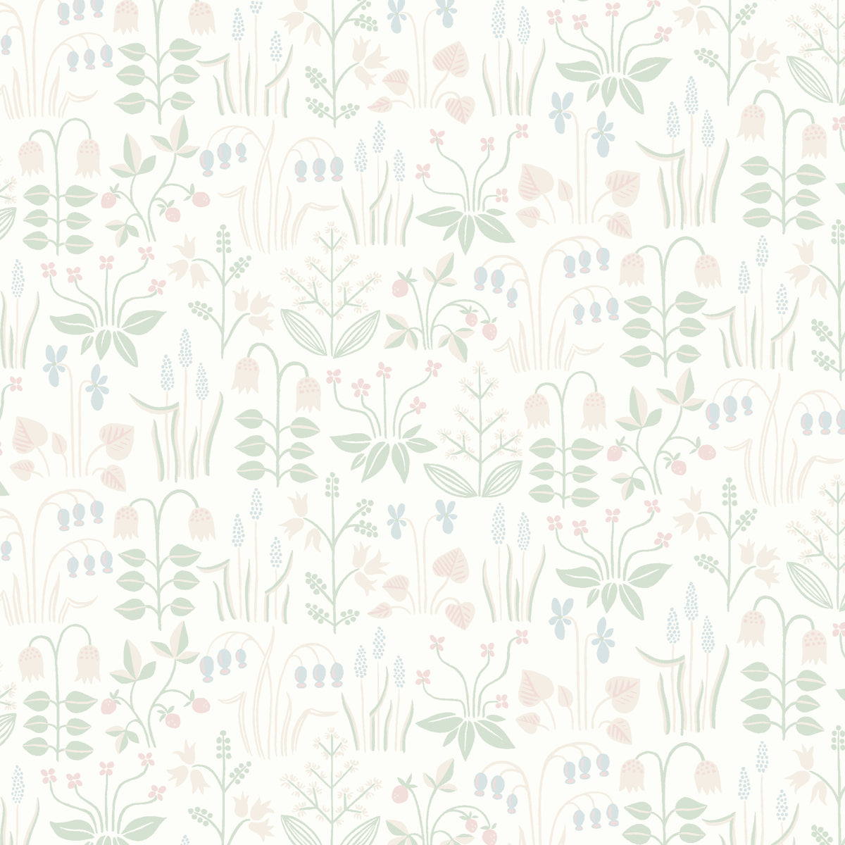 Pastel botanical pattern with soft mint, peach and lavender leaves and flowers on a creamy background