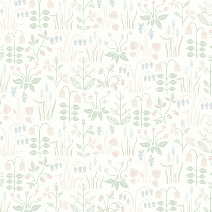 Pastel botanical pattern with soft mint, peach and lavender leaves and flowers on a creamy background