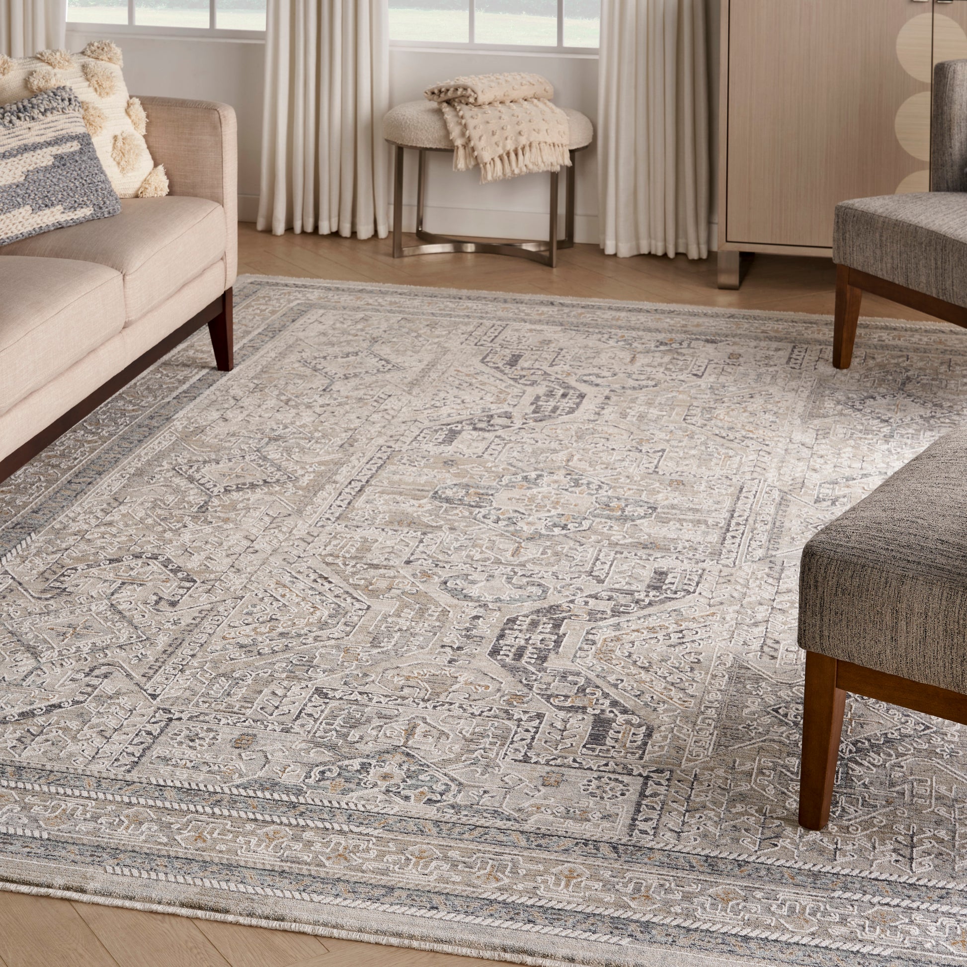 Woven gray and ivory oriental-style area rug with a medallion motif in a modern living room.