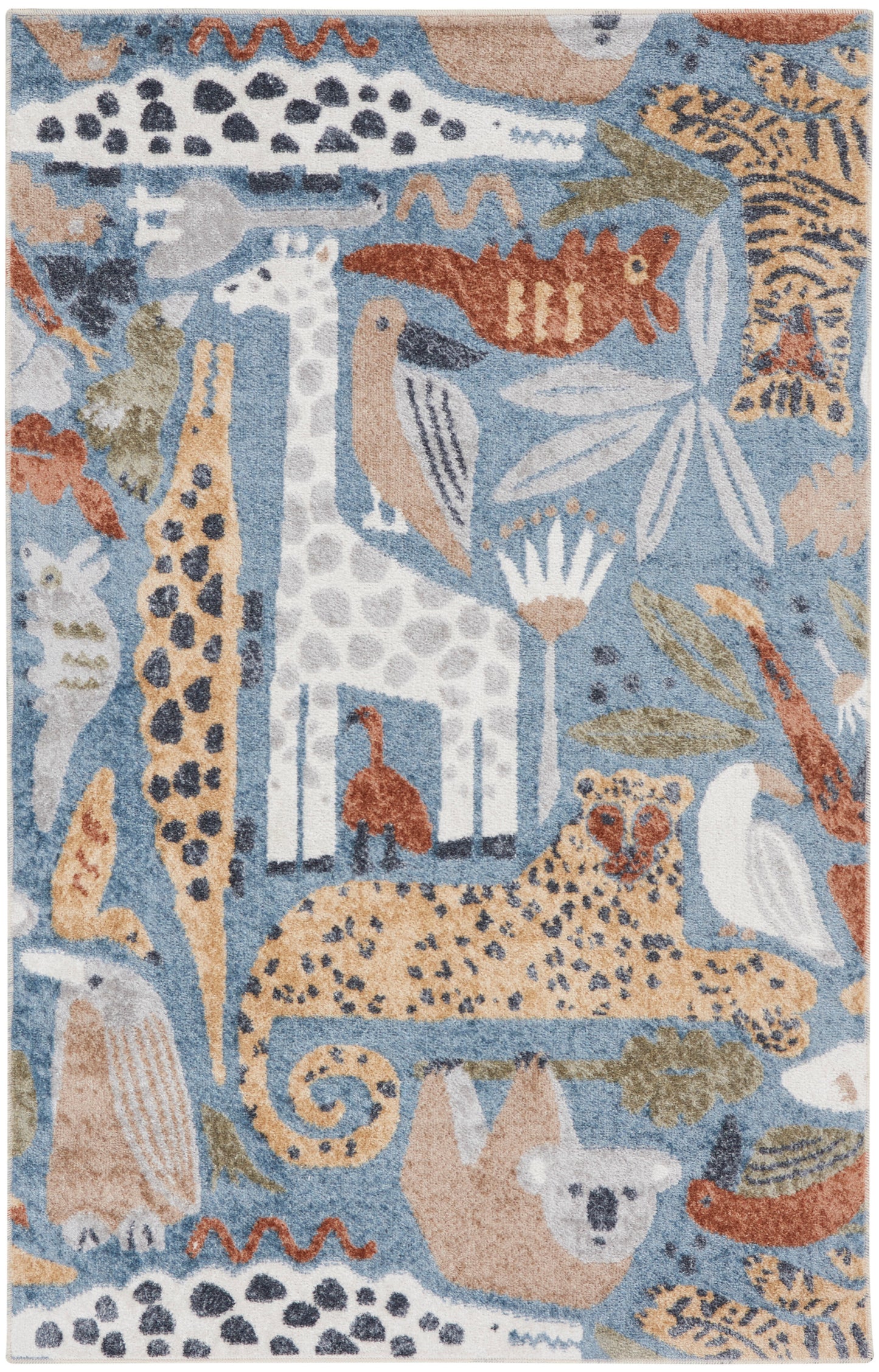 Whimsical jungle animal rug in blue, beige and cream tones; tufted, featuring giraffe, leopard, birds and foliage.