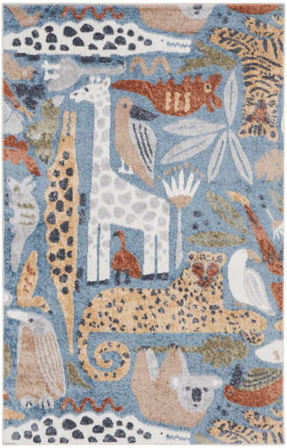 Whimsical jungle animal rug in blue, beige and cream tones; tufted, featuring giraffe, leopard, birds and foliage.