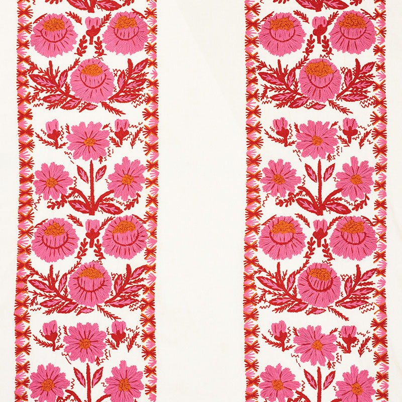 Pink and magenta floral border pattern with red stems on white fabric, central white stripe, vintage botanical trim.