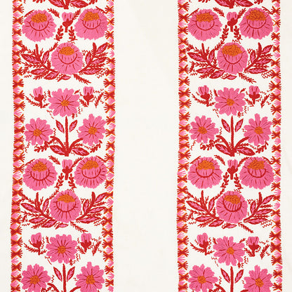 Pink and magenta floral border pattern with red stems on white fabric, central white stripe, vintage botanical trim.