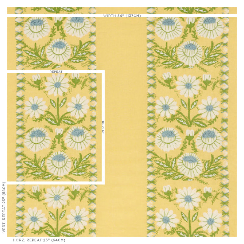 Yellow fabric with white daisies, blue centers and green leaves in a vertical repeat; bright spring floral embroidery.