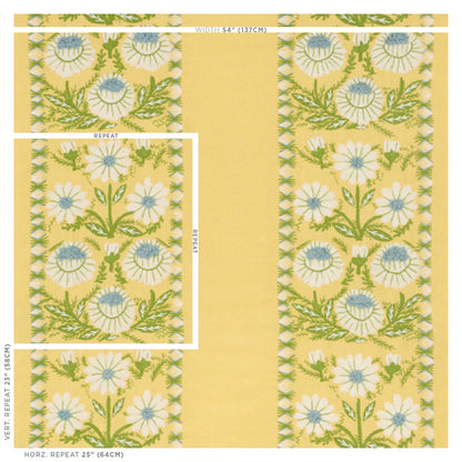 Yellow fabric with white daisies, blue centers and green leaves in a vertical repeat; bright spring floral embroidery.