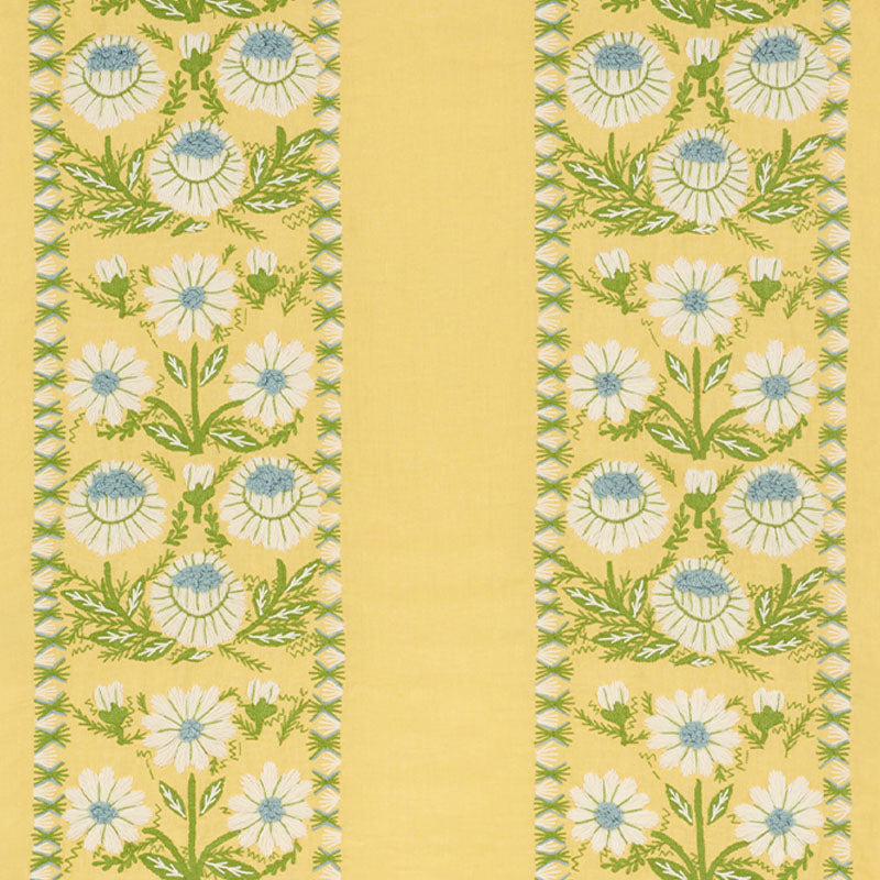 Yellow fabric with a central pale-yellow stripe and floral borders of white daisies with blue centers and green stems.