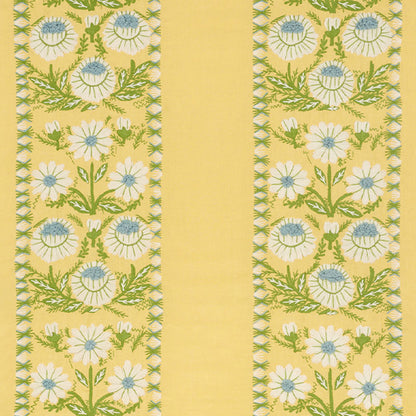 Yellow fabric with a central pale-yellow stripe and floral borders of white daisies with blue centers and green stems.